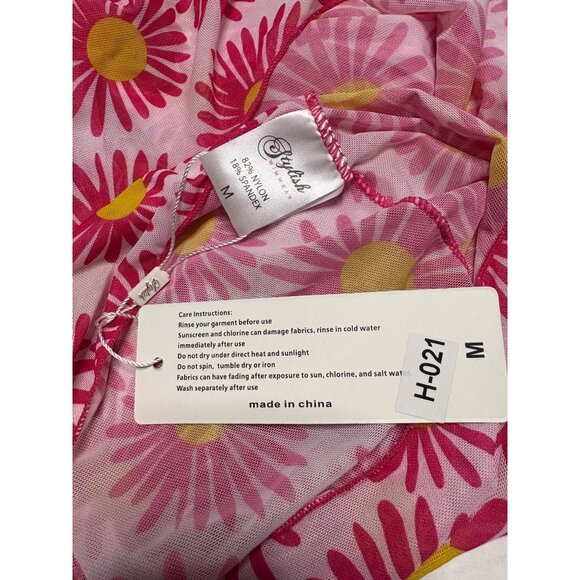 Stylish Swimwear Pink Yellow Daisy Print Beach Swim Cover Up Sheer Hippie Medium - Picture 6 of 7